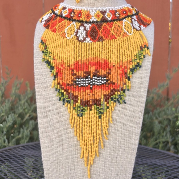 💕New Listing 💕Handmade Beaded Choker with Fringe Waterfall and Earrings - Picture 2 of 9